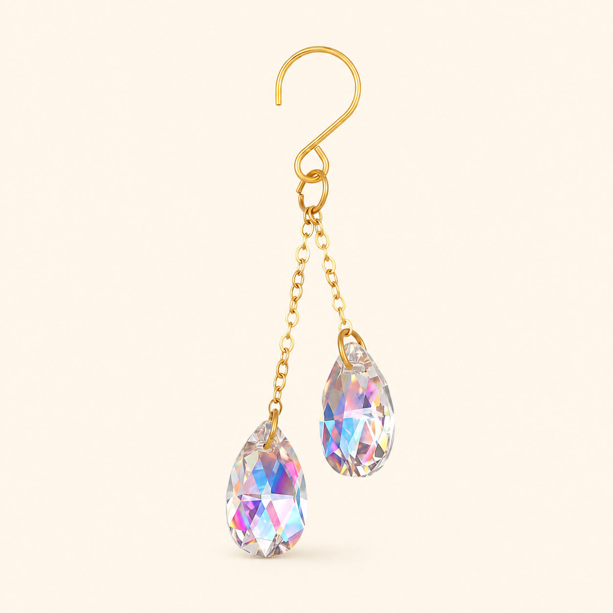 Close-up of one AB iridescent crystal plant vine charm with a gold-tone hook and two rainbow-coated teardrop prisms.