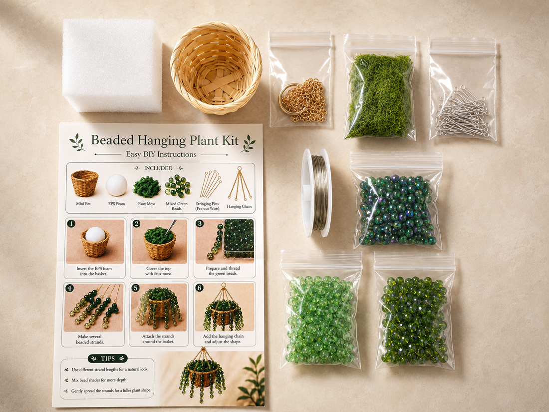 Green beaded hanging plant DIY kit materials with glass beads, woven basket, moss, foam, wire, chain, and instructions.