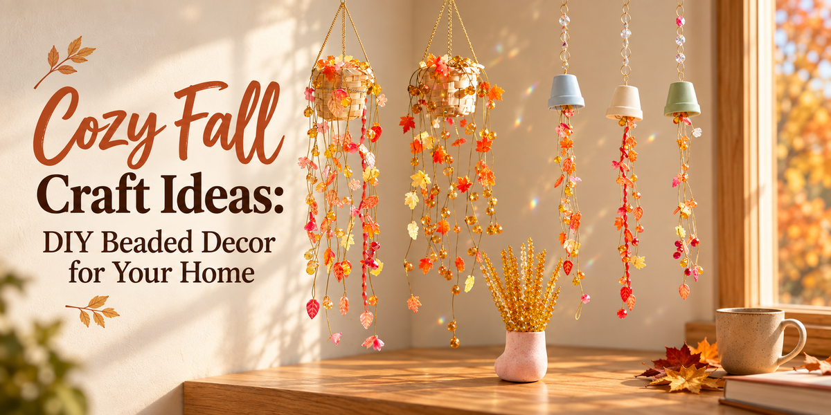 Autumn beaded hanging plant suncatcher with warm maple leaf and flower beads