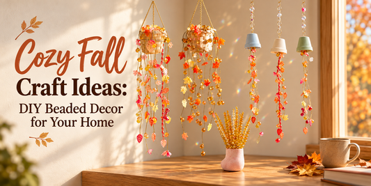 Autumn beaded hanging plant suncatcher with warm maple leaf and flower beads