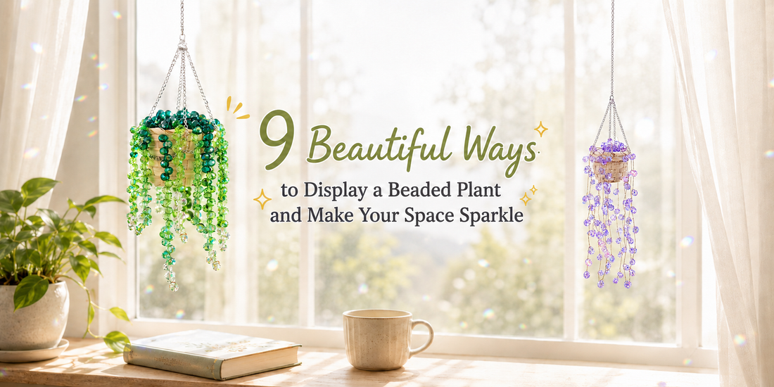 Green and purple handmade beaded hanging plants displayed beside a sunny window with faceted glass beads reflecting colorful light.
