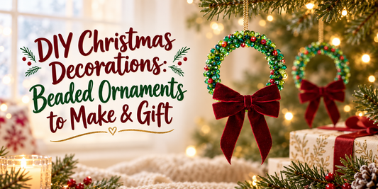 Green and red beaded Christmas wreath with burgundy velvet bow beside the title DIY Christmas Decorations: Beaded Ornaments to Make & Gift.