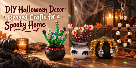 Halloween beaded craft display with witch cauldron, eyeball plant, skull accents, and the title DIY Halloween Decor: Beaded Crafts for a Spooky Home.