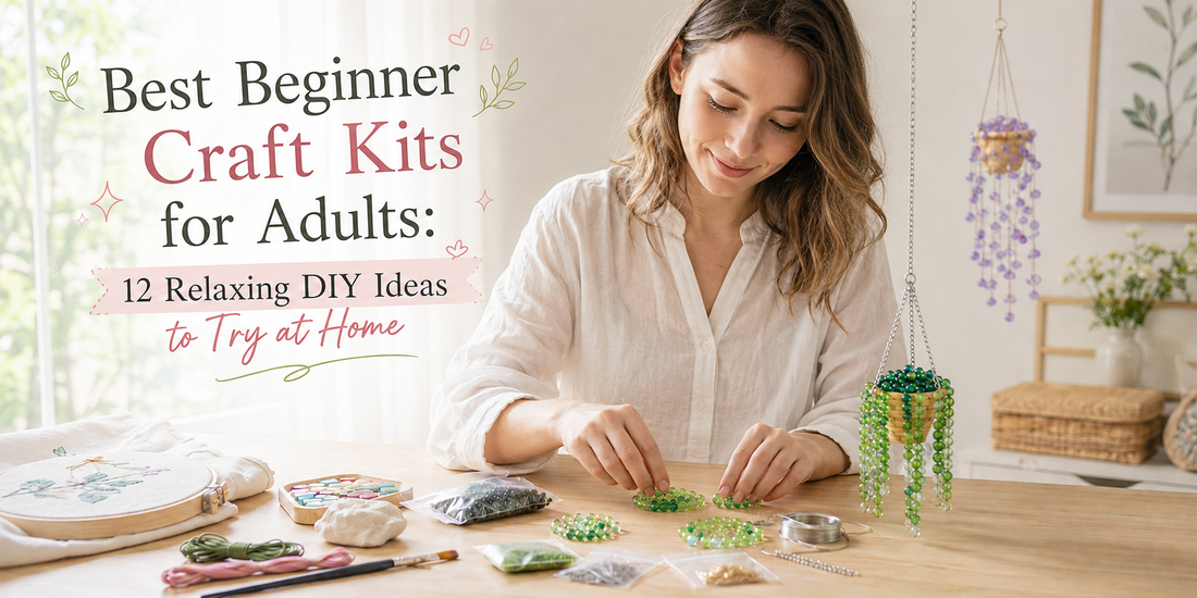 A woman enjoying beginner craft kits for adults at a bright home table with a beaded plant, embroidery, clay, beads, and other creative supplies.