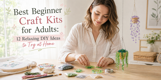 A woman enjoying beginner craft kits for adults at a bright home table with a beaded plant, embroidery, clay, beads, and other creative supplies.