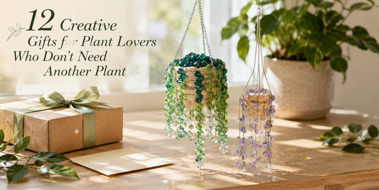 Green and purple beaded plant DIY kits presented with botanical gift wrapping for a plant lover.