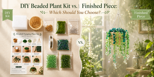 BeadLeaves DIY beaded plant kit vs finished piece comparison showing the included craft materials, green glass beads, woven basket, and completed hanging plant decoration.