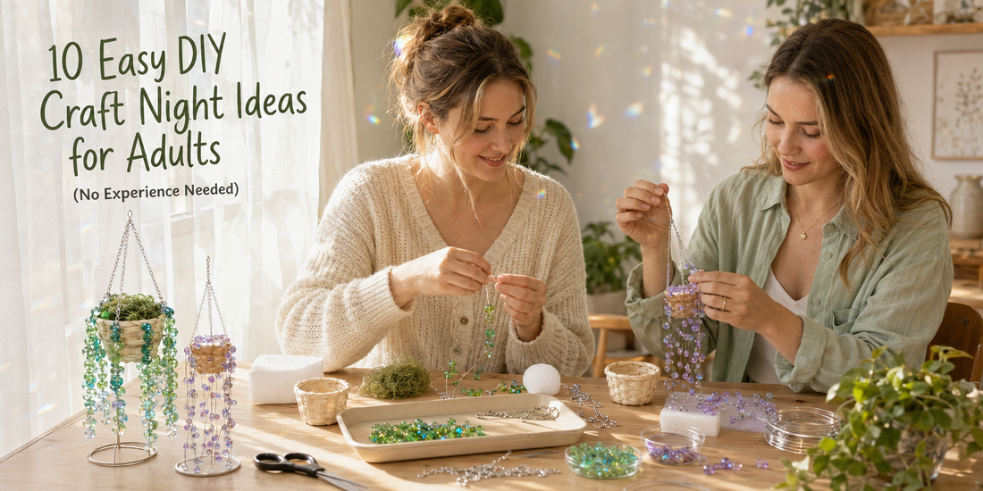 Two friends making green and purple beaded hanging plant DIY kits together during a bright and relaxed adult craft night.