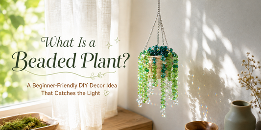 Green beaded hanging plant sparkling beside a sunny window as handmade botanical decor.