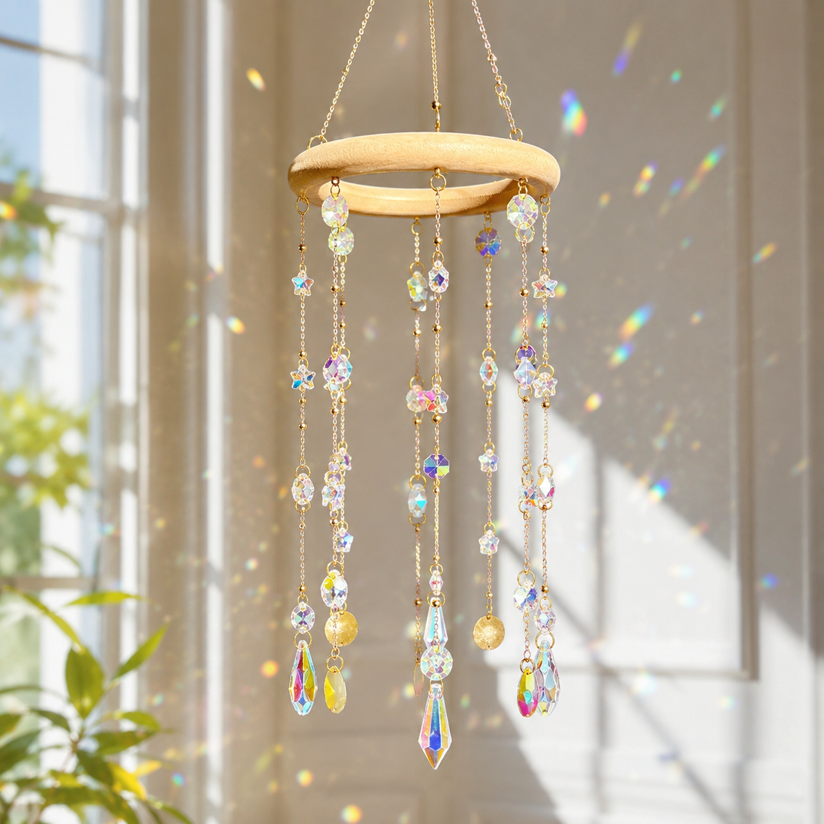 Finished BeadLeaves crystal piece ready to hang and catch the light