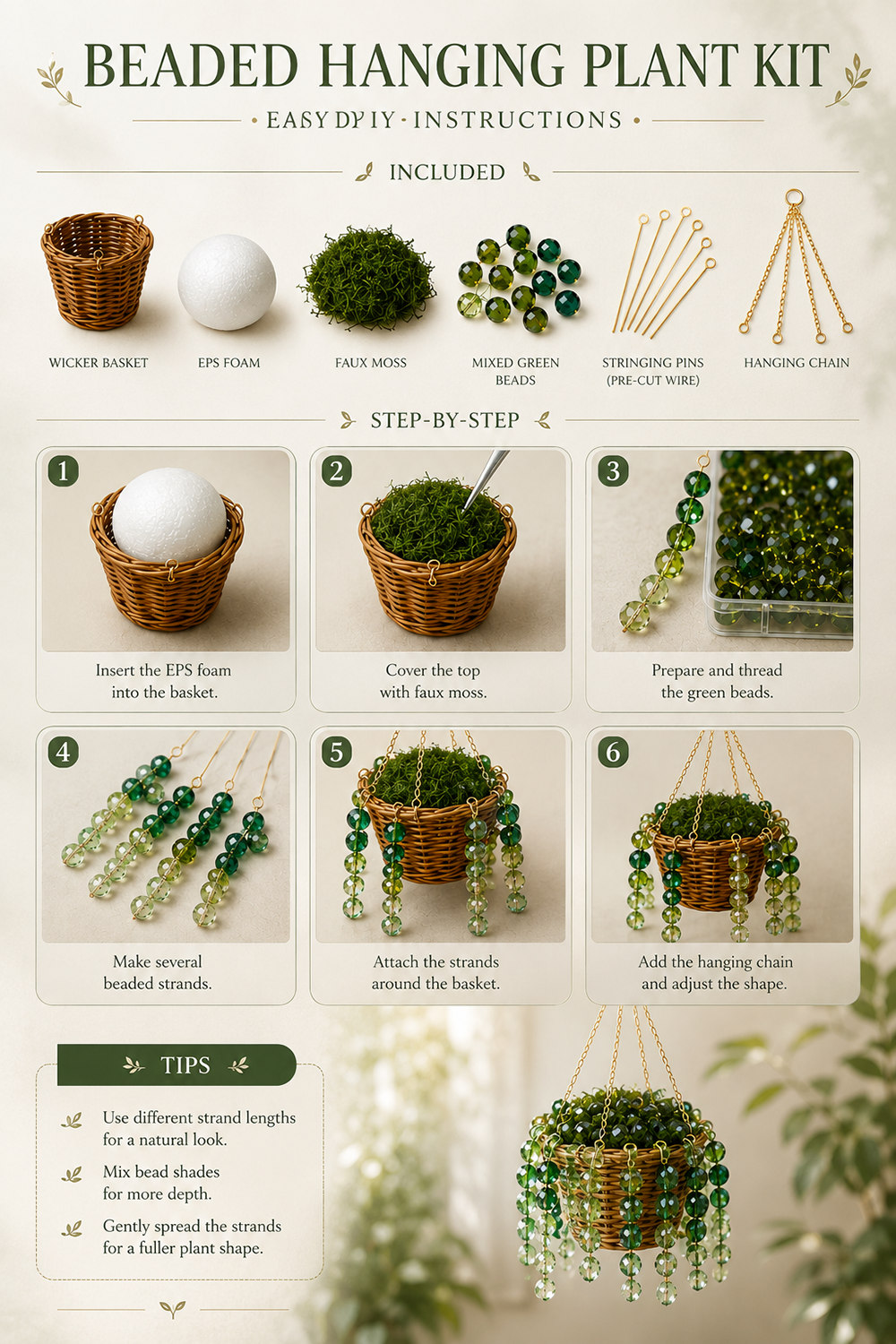 Mini green beaded plant DIY kit materials and beginner-friendly assembly guide