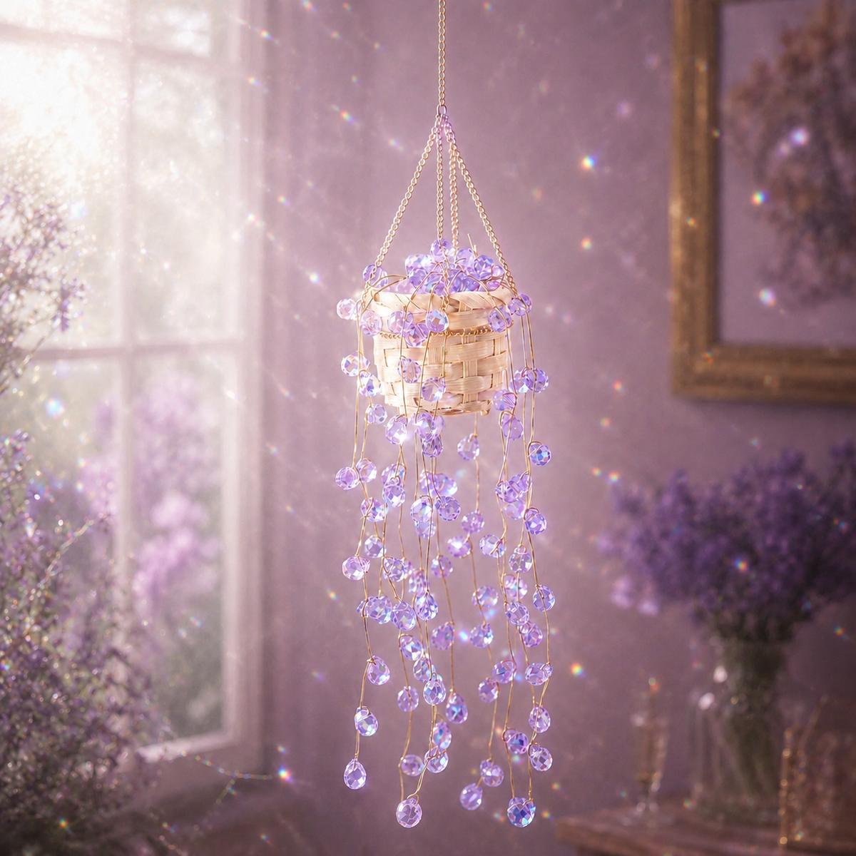 Mermaid's Tears purple finished beaded hanging plant sparkling beside a sunlit window.