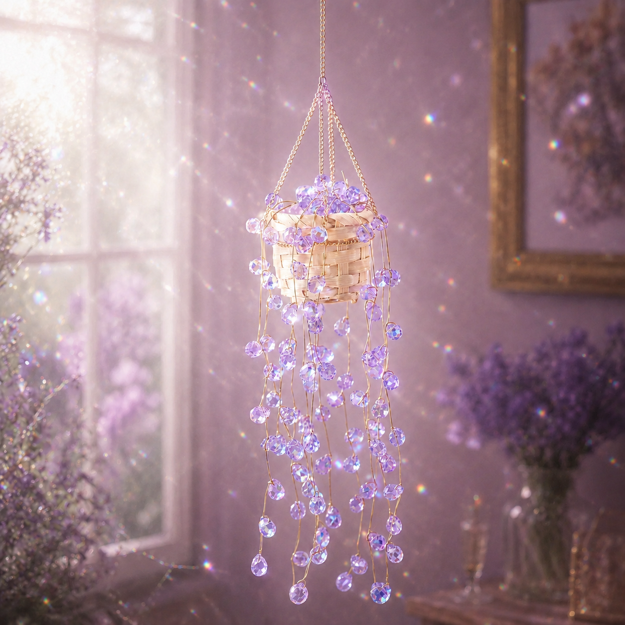 Mermaid's Tears purple finished beaded hanging plant sparkling beside a sunlit window.