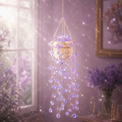 Mermaid's Tears purple finished beaded hanging plant sparkling beside a sunlit window.