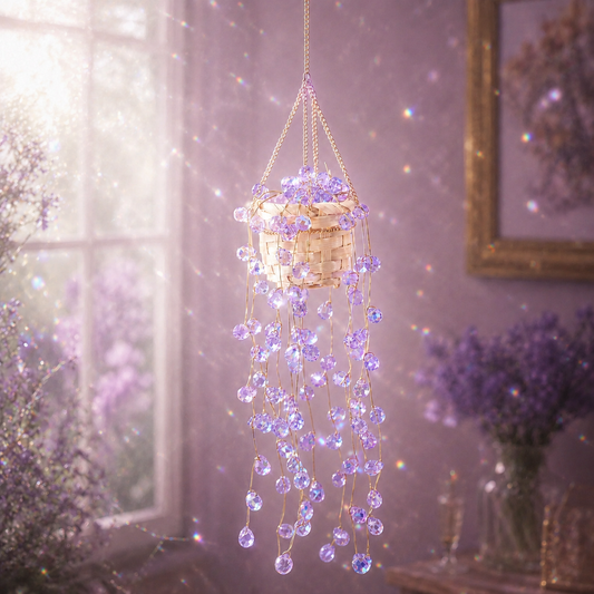 Mermaid's Tears purple finished beaded hanging plant sparkling beside a sunlit window.