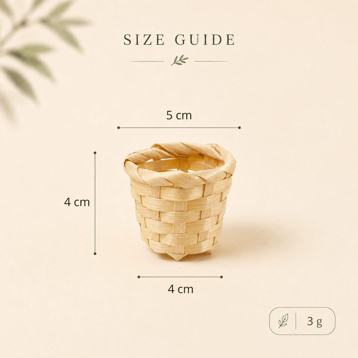 Mini green beaded plant woven basket size guide with labeled dimensions.