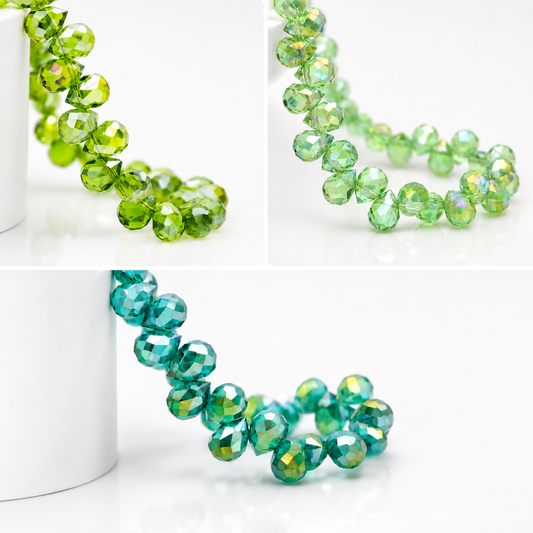 Apple Green, Olive Green, and Teal Green 8 mm faceted teardrop glass beads shown together