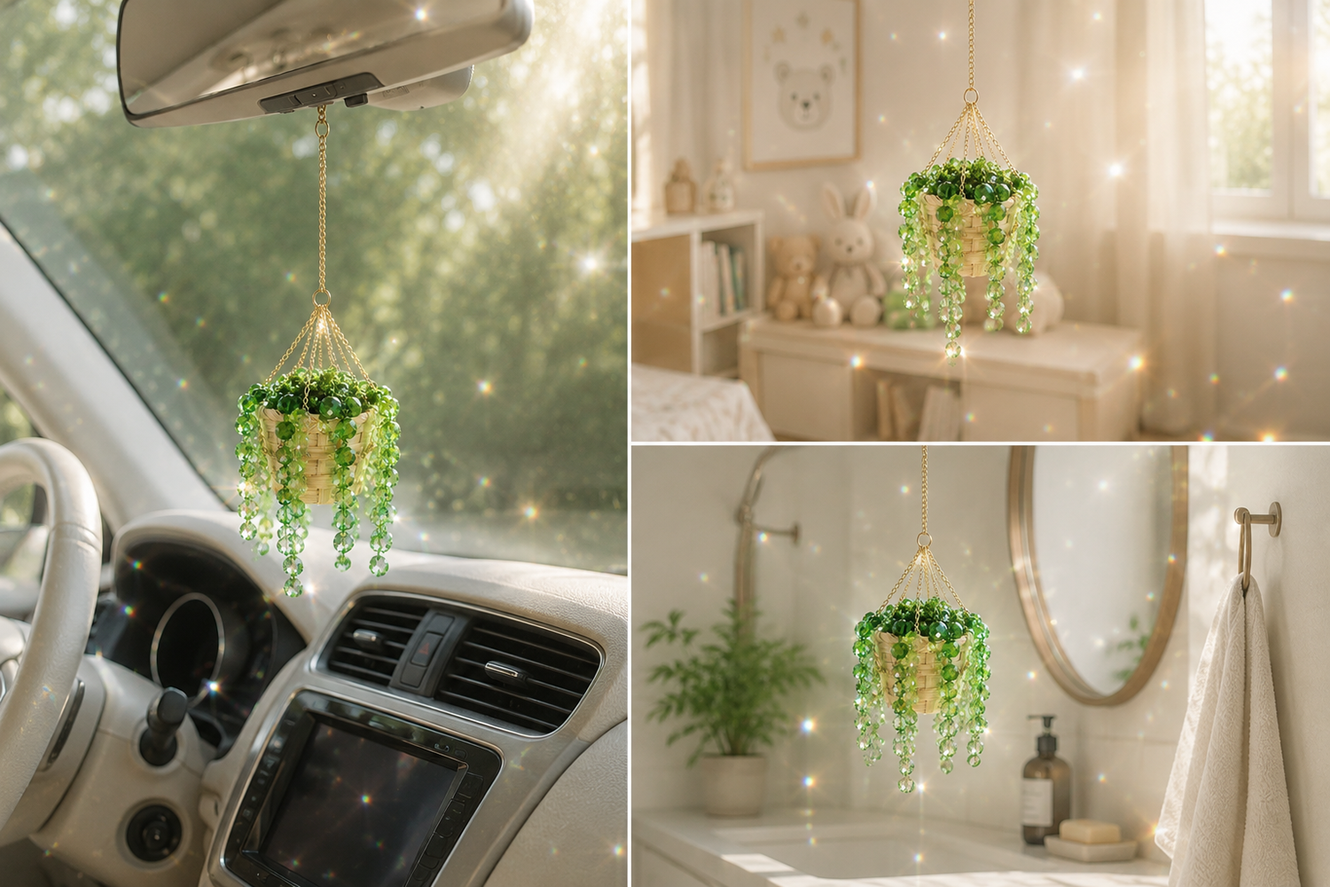Ready-to-hang mini green beaded plant displayed in a car, by a window, and in a small home space.