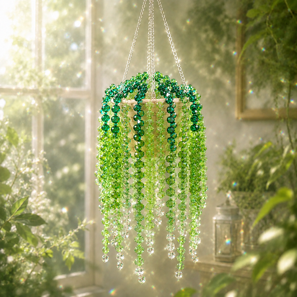 Extra-full green finished beaded hanging plant with long sparkling strands beside a sunny window.