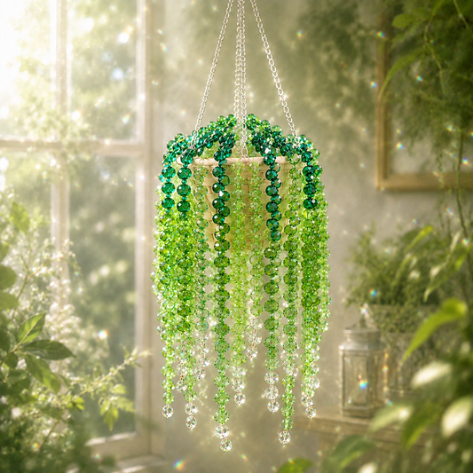 Extra-full green finished beaded hanging plant with long sparkling strands beside a sunny window.
