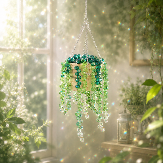 Classic green finished beaded hanging plant sparkling beside a sunny window.