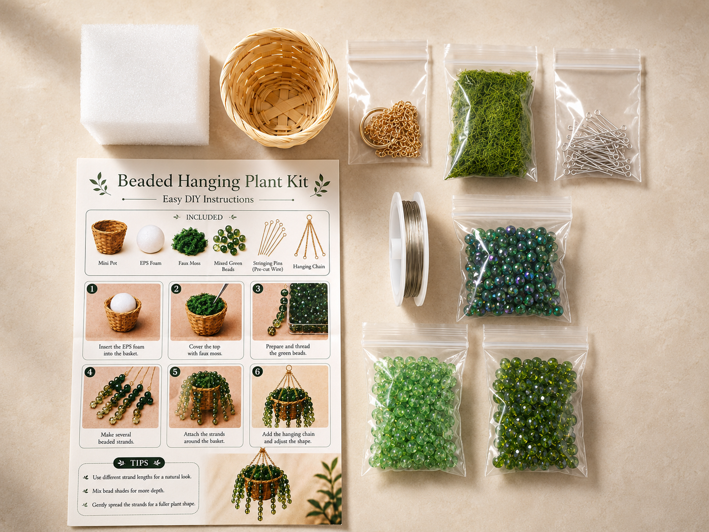 Green beaded hanging plant DIY kit materials with glass beads, woven basket, moss, foam, wire, chain, and instructions