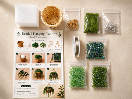 Green beaded hanging plant DIY kit materials with glass beads, woven basket, moss, foam, wire, chain, and instructions
