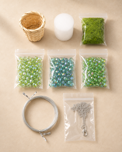 Mini green beaded plant car charm DIY kit with 120 glass beads, mini woven basket, foam, moss, wire, 14 pins, and silver chain