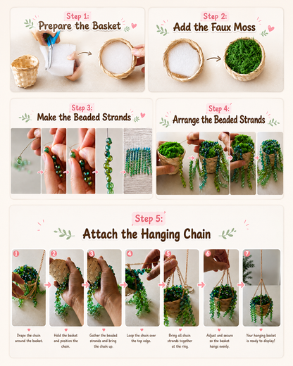 Five-step guide for assembling a green beaded plant DIY kit