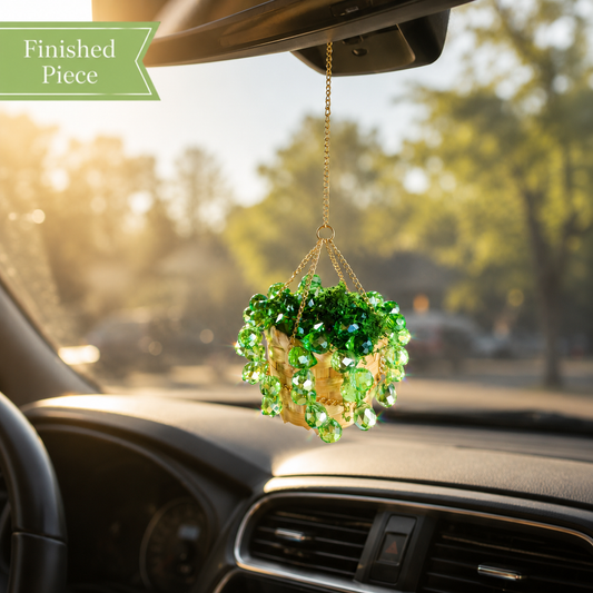 Mini Green Beaded Plant Car Charm — Ready to Hang