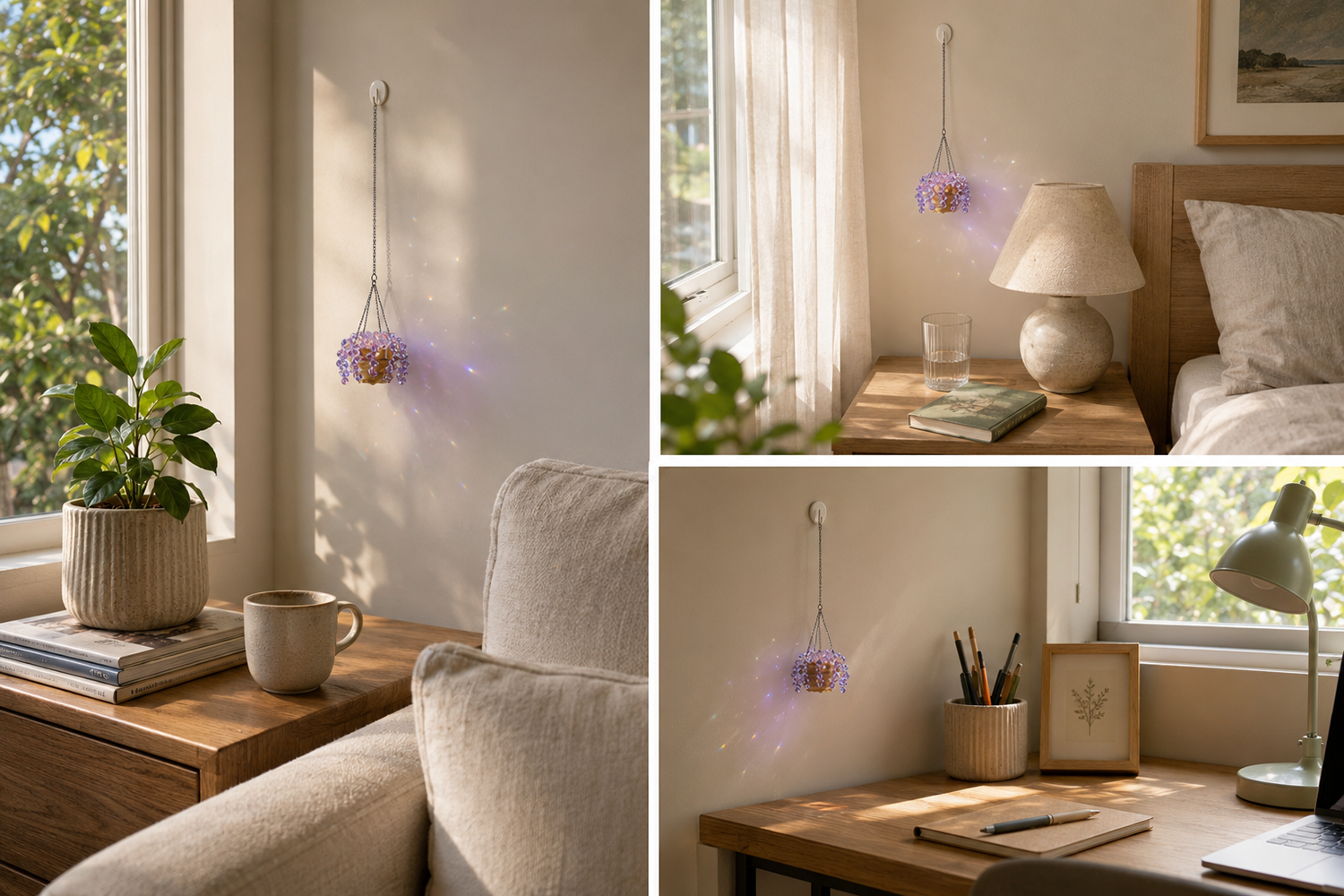 Mini purple finished beaded plant displayed in a bedroom, living room, and desk area.