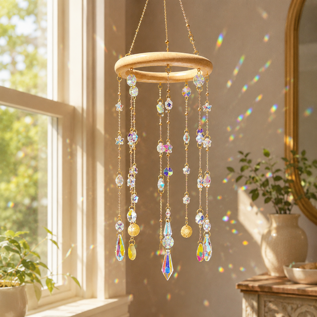 Aurora Halo round wood crystal suncatcher displayed in warm natural window light.