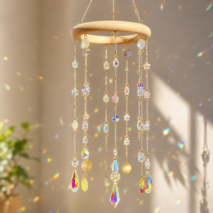 Close-up of the Aurora Halo finished suncatcher with cascading iridescent crystal prisms.