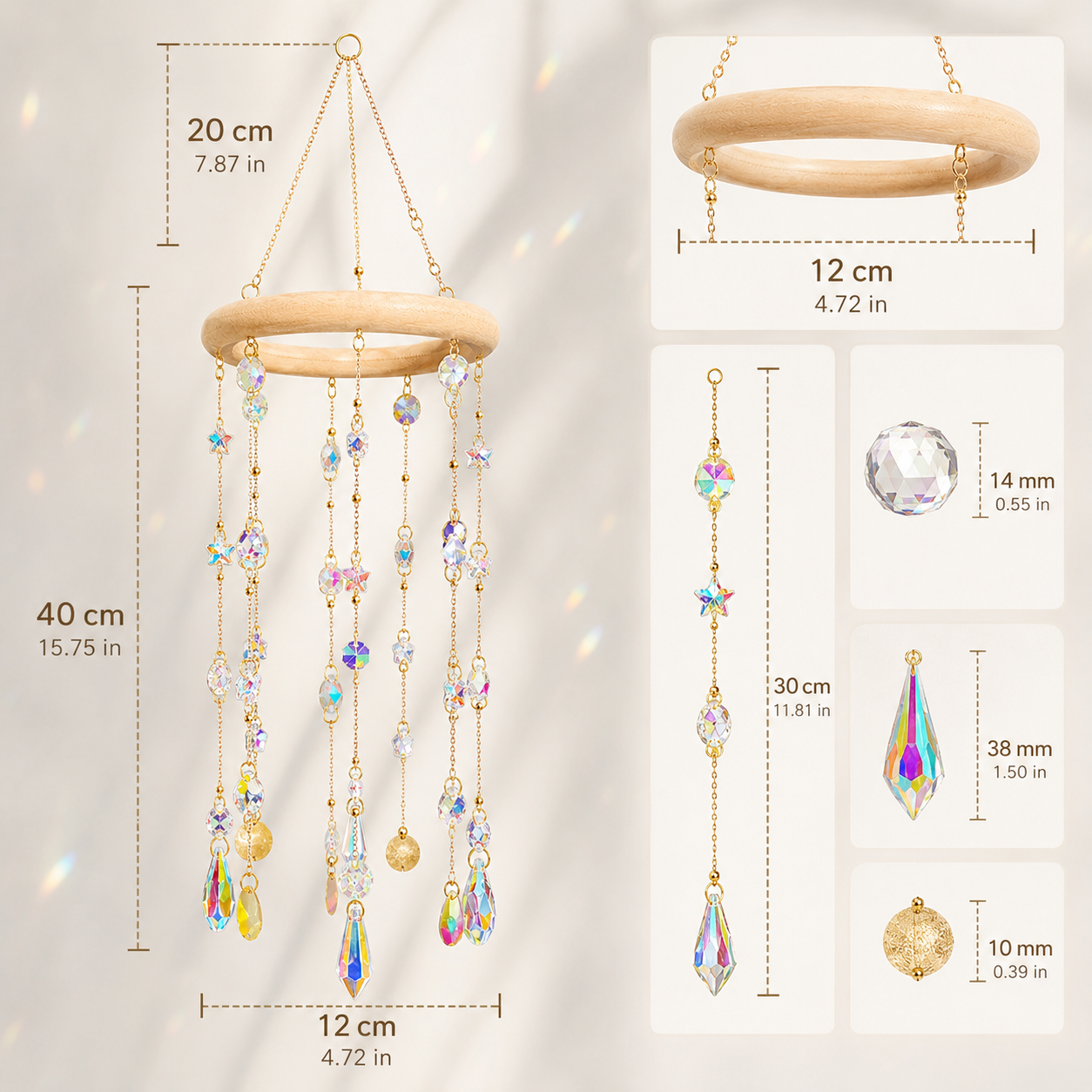 Aurora Halo crystal suncatcher size guide showing a 12 cm wood ring, 20 cm upper hanger, and 40 cm hanging section.