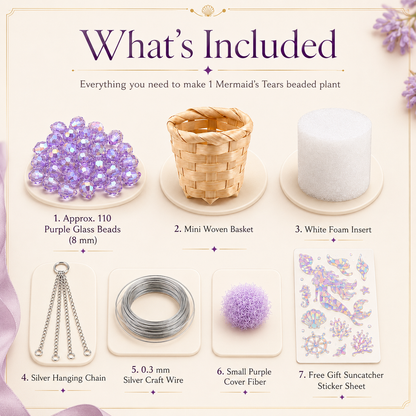 Mermaid's Tears purple beaded plant DIY kit with 110 glass beads, woven basket, foam, silver wire, chain, fiber, stickers, and tutorial