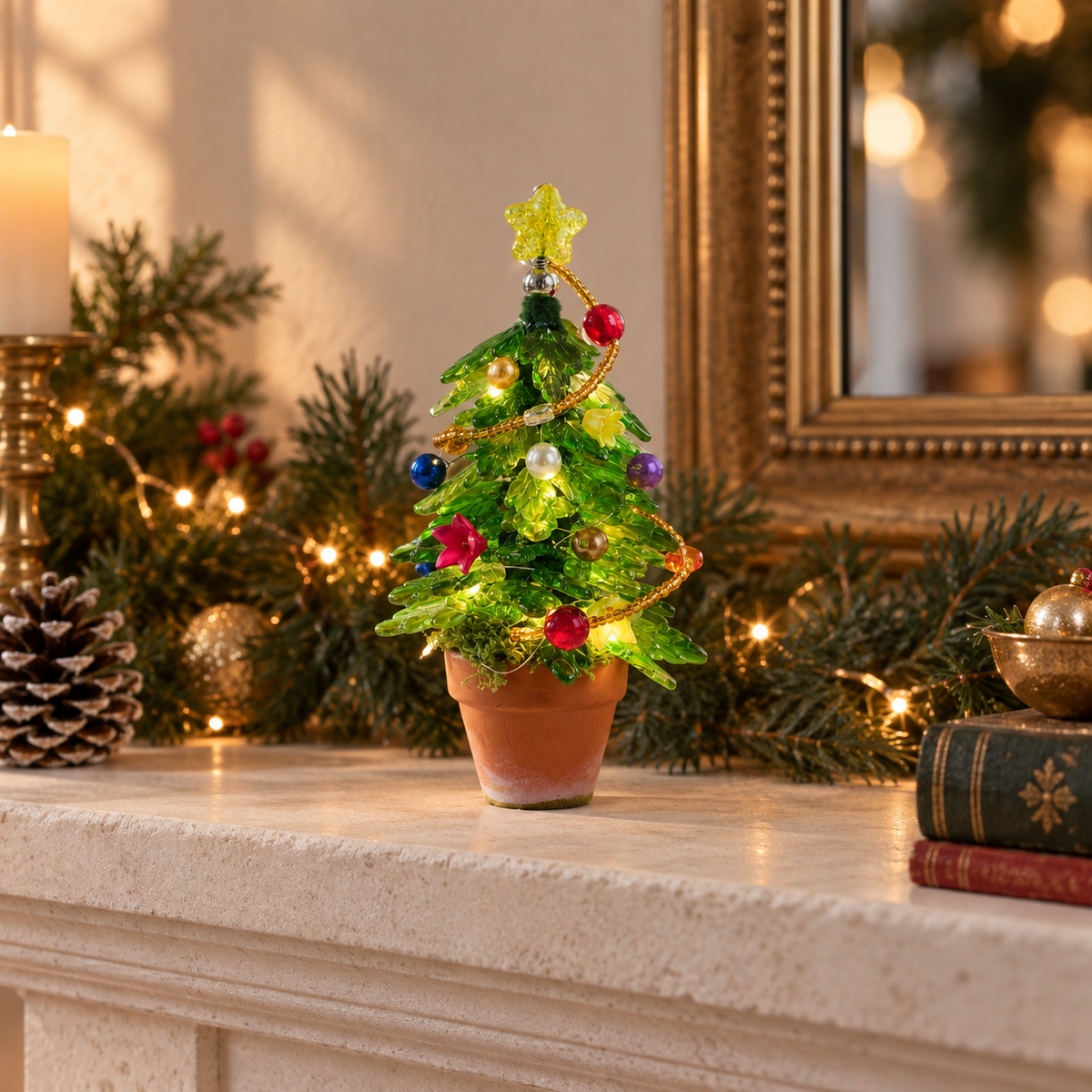 Mini beaded Christmas tree displayed on a festive fireplace mantel