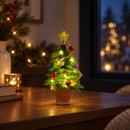 Light-up beaded Christmas tree glowing warmly at night
