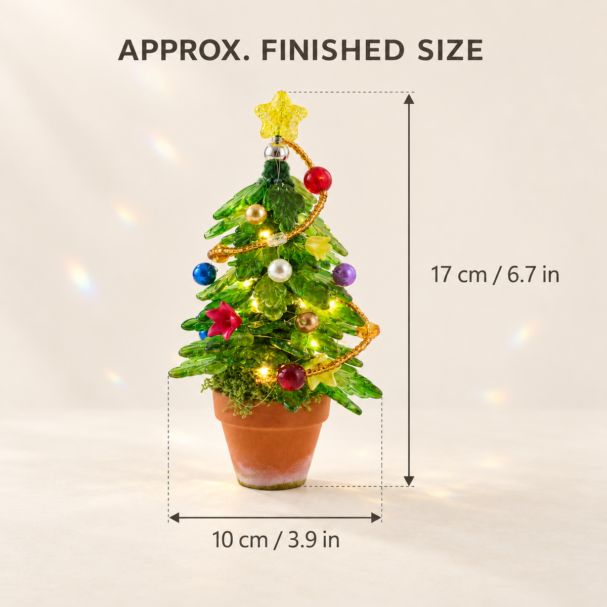 Beaded Christmas tree finished size guide showing 17 cm height and 10 cm width