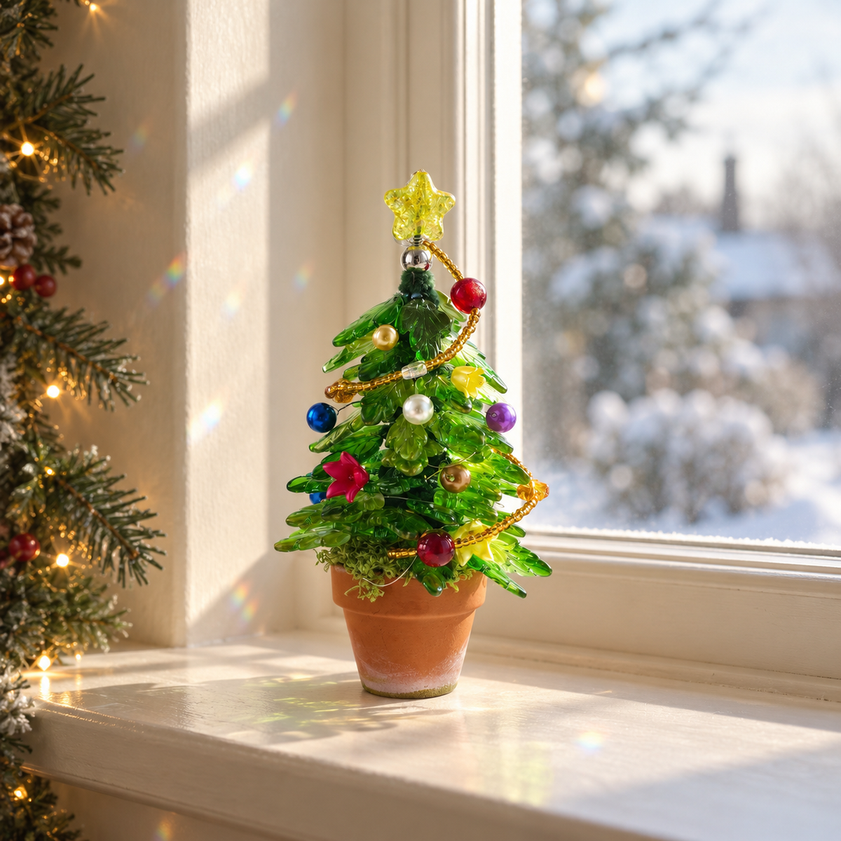 Mini beaded Christmas tree sparkling in winter sunlight on a window ledge