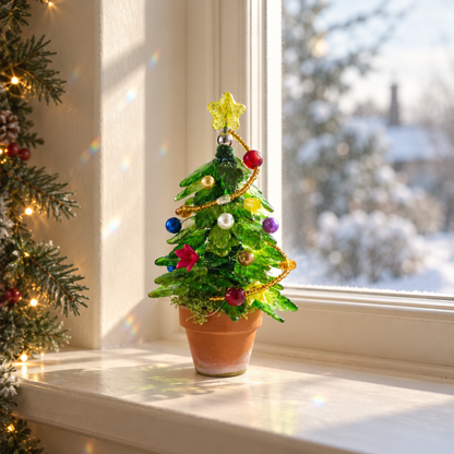 Mini beaded Christmas tree sparkling in winter sunlight on a window ledge