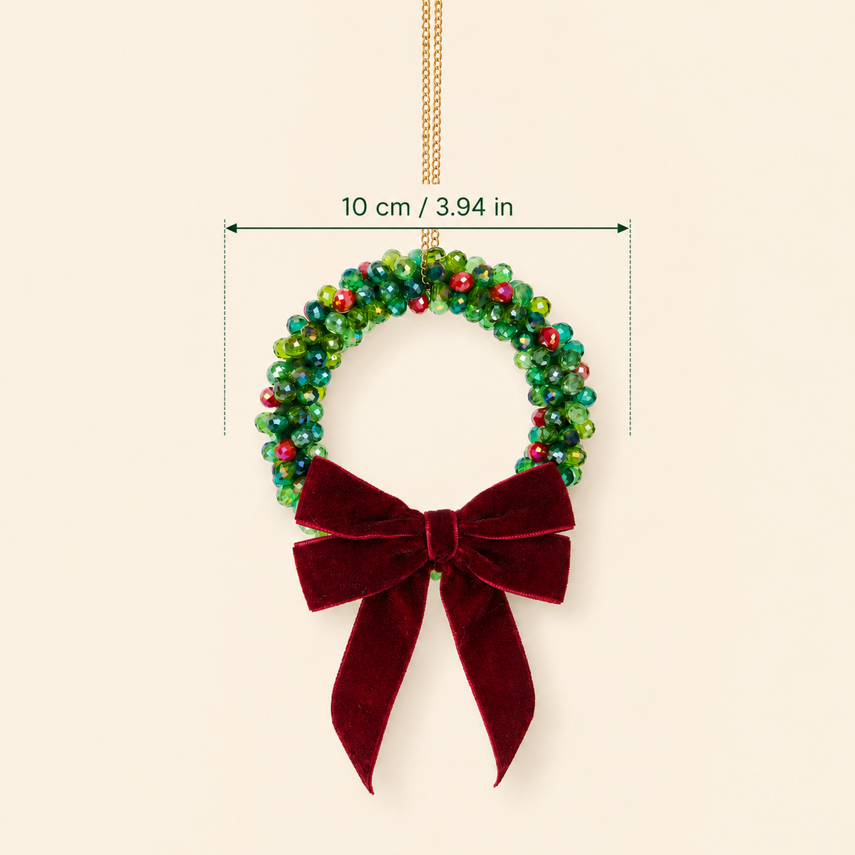 Beaded Christmas wreath Classic size showing a 10 cm base ring