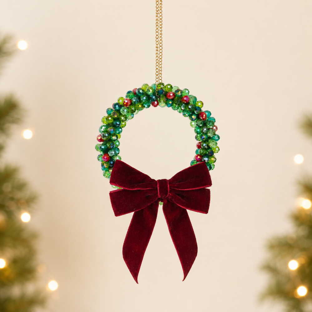 Beaded Christmas wreath ornament DIY kit with green glass beads and burgundy velvet bow