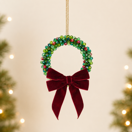 Beaded Christmas wreath ornament DIY kit with green glass beads and burgundy velvet bow