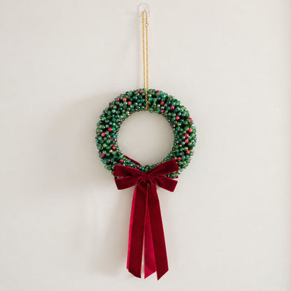 Large Full 20 cm Christmas wreath with 720 beads, gold chain and red velvet bow