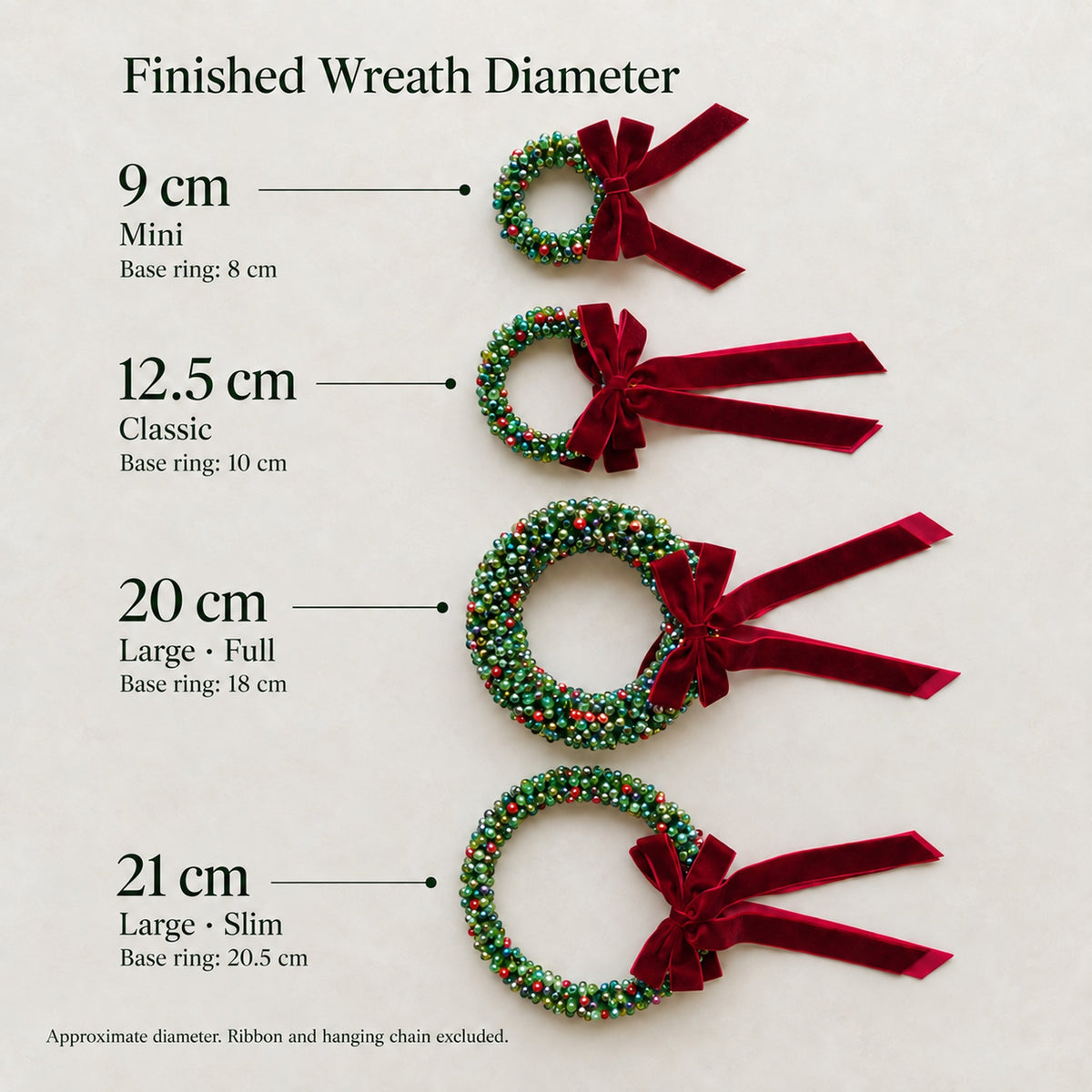 Four beaded Christmas wreaths with finished diameters 9 cm, 12.5 cm, 20 cm Full and 21 cm Slim