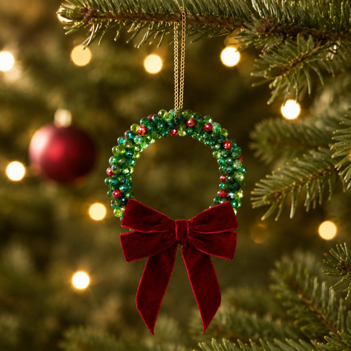Green and red beaded Christmas wreath hanging as a tree ornament