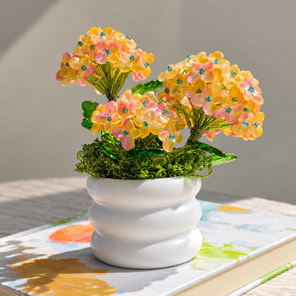 Beaded hydrangea tabletop arrangement in bright natural light