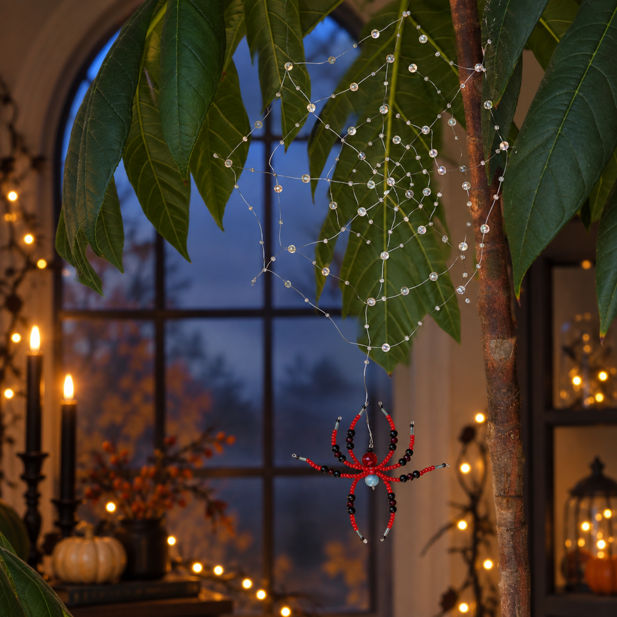 Clear beaded spider web with a red and black beaded spider displayed by a Halloween window at dusk