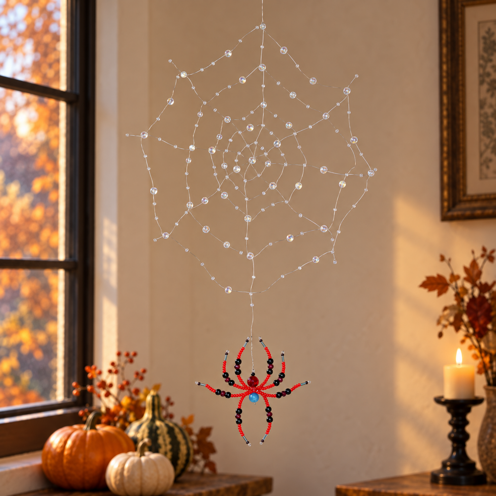 Complete clear beaded spider web and red and black beaded spider in a warm Halloween setting with pumpkins