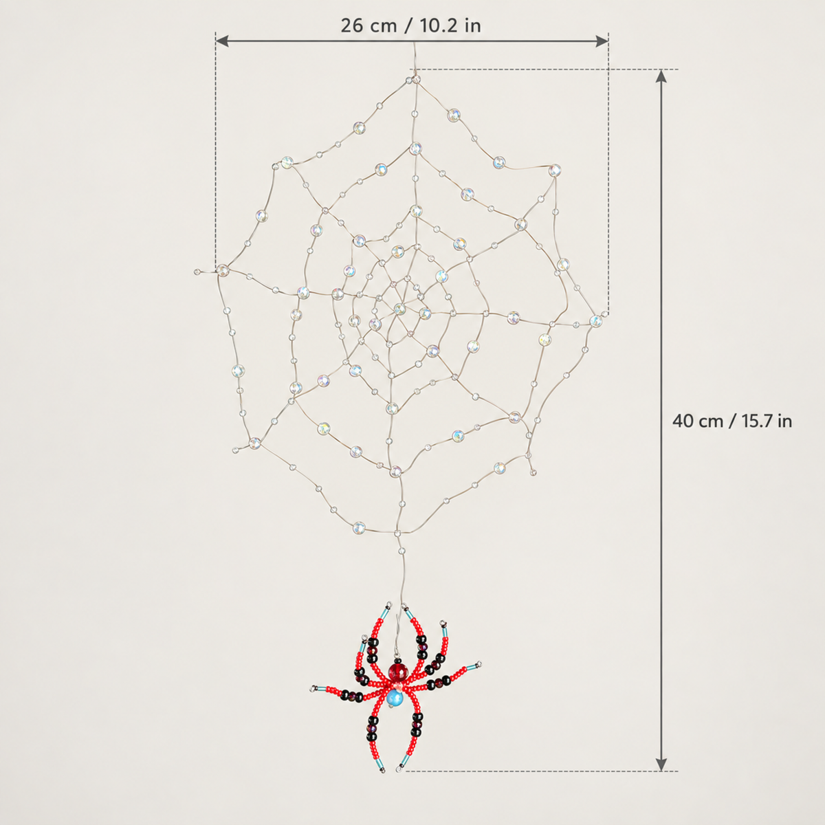 Beaded spider web and spider size guide: approximately 26 cm wide and 40 cm overall height